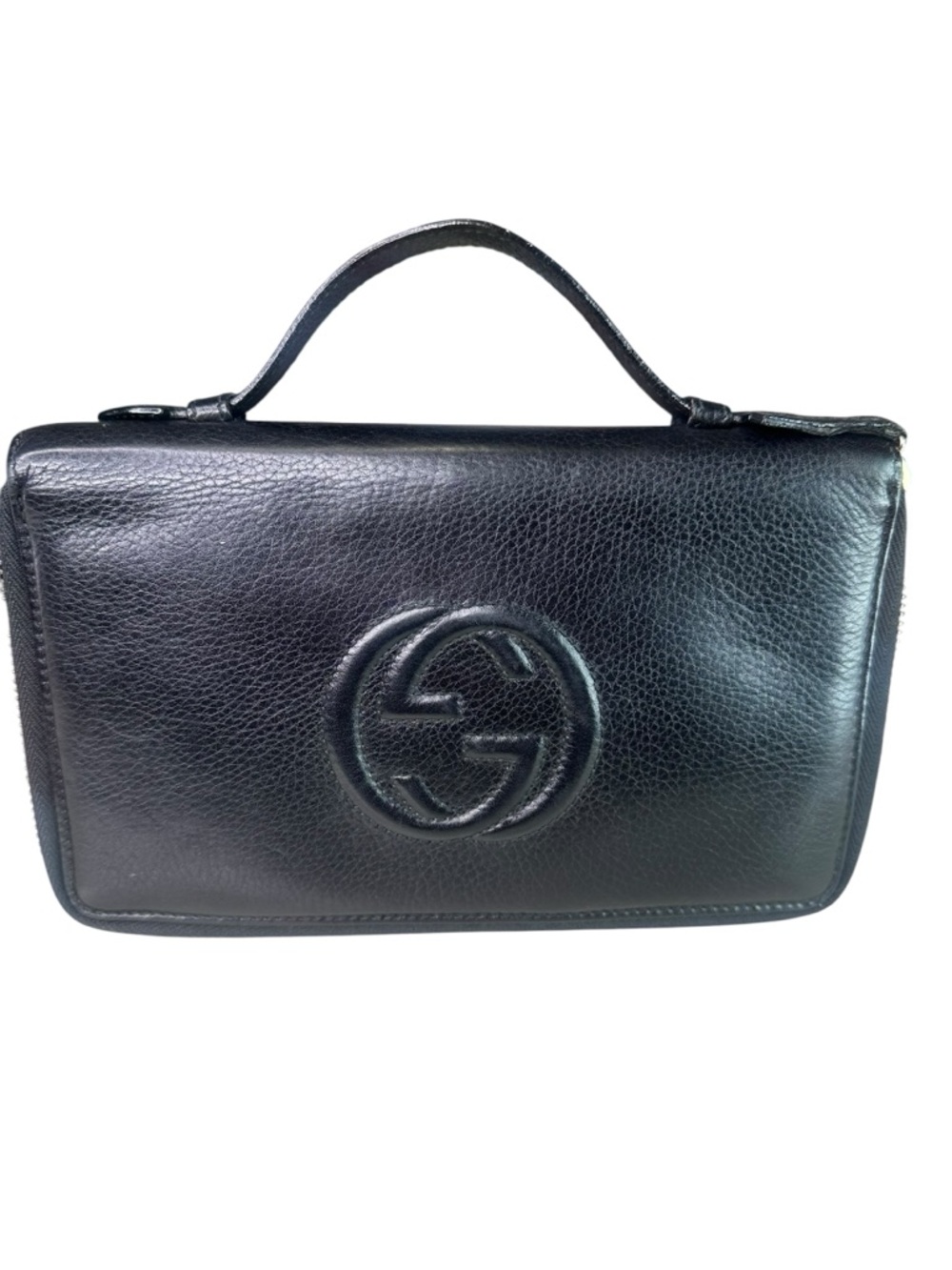 Gucci Black Pebbled Leather Toiletry Bag with Embossed GG